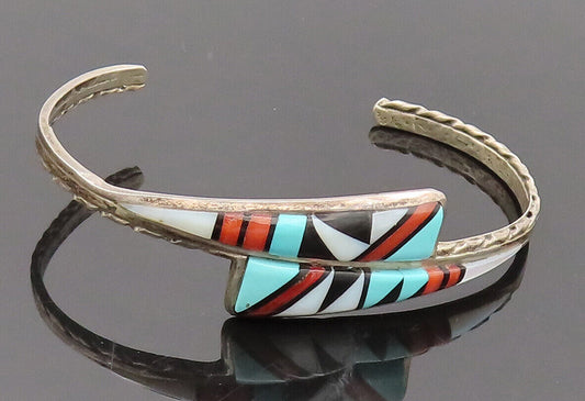 ZUNI NAVAJO 925 Silver -Vintage Turquoise Multicolor Inlay cuff Bracelet- BT9949