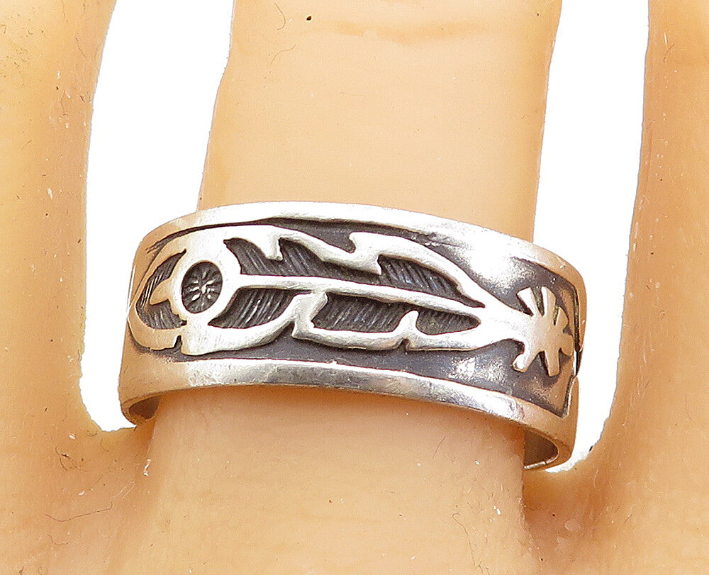 925 Silver Vintage Oxidized Feather Band Ring Sz 13.5 RG7414