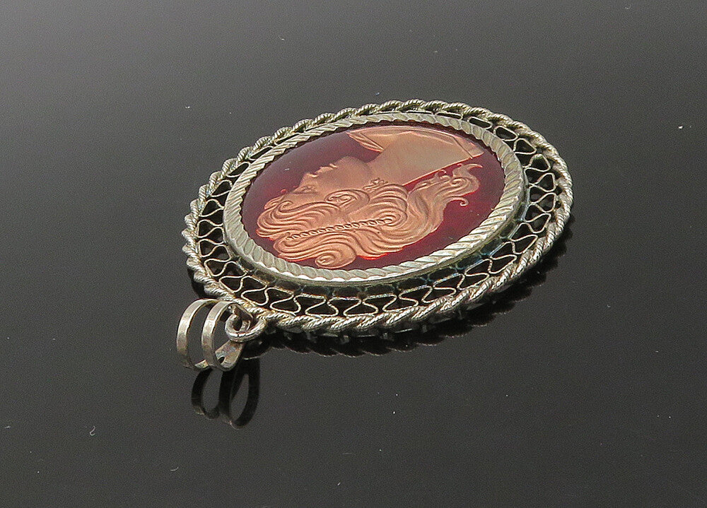 925 Sterling Silver  Vintage Enamel Woman Profile Round Pendant  PT18397