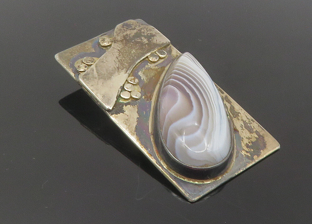 925 Sterling Silver  Vintage Tear Drop Agate Dark Tone Square Pendant  PT9478