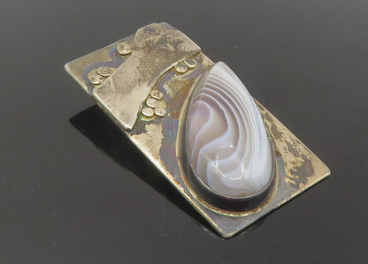 925 Sterling Silver  Vintage Tear Drop Agate Dark Tone Square Pendant  PT9478