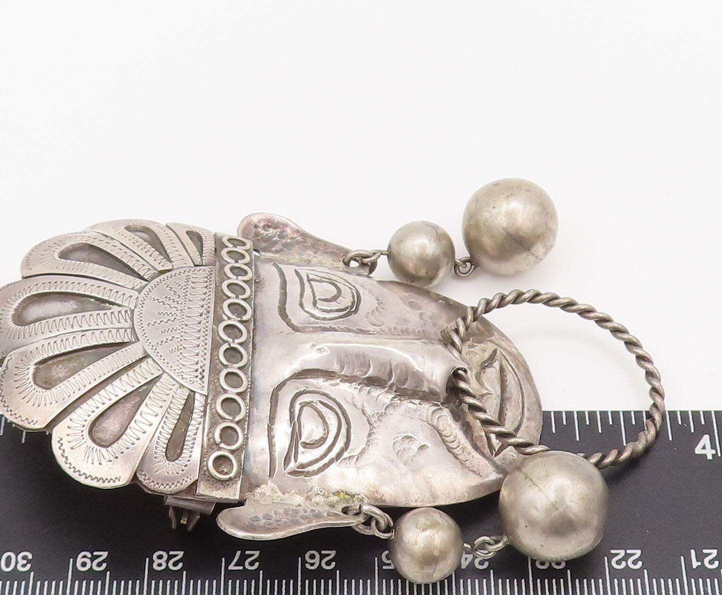 925 Sterling Silver  Vintage Antique Large Aztec Warrior Brooch Pin  BP10532