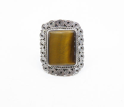 925 Sterling Silver  Tiger's Eye Spiral Border Cocktail Ring Sz 9  RG7878