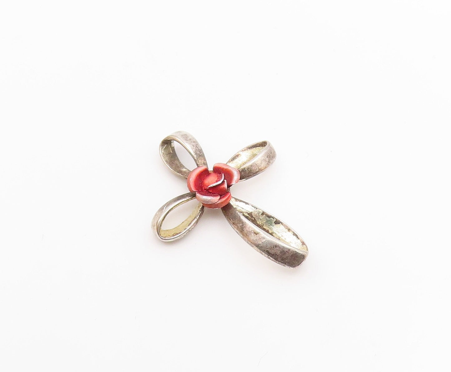 925 Sterling Silver  Vintage Rose Flower Religious Cross Pendant  PT15808