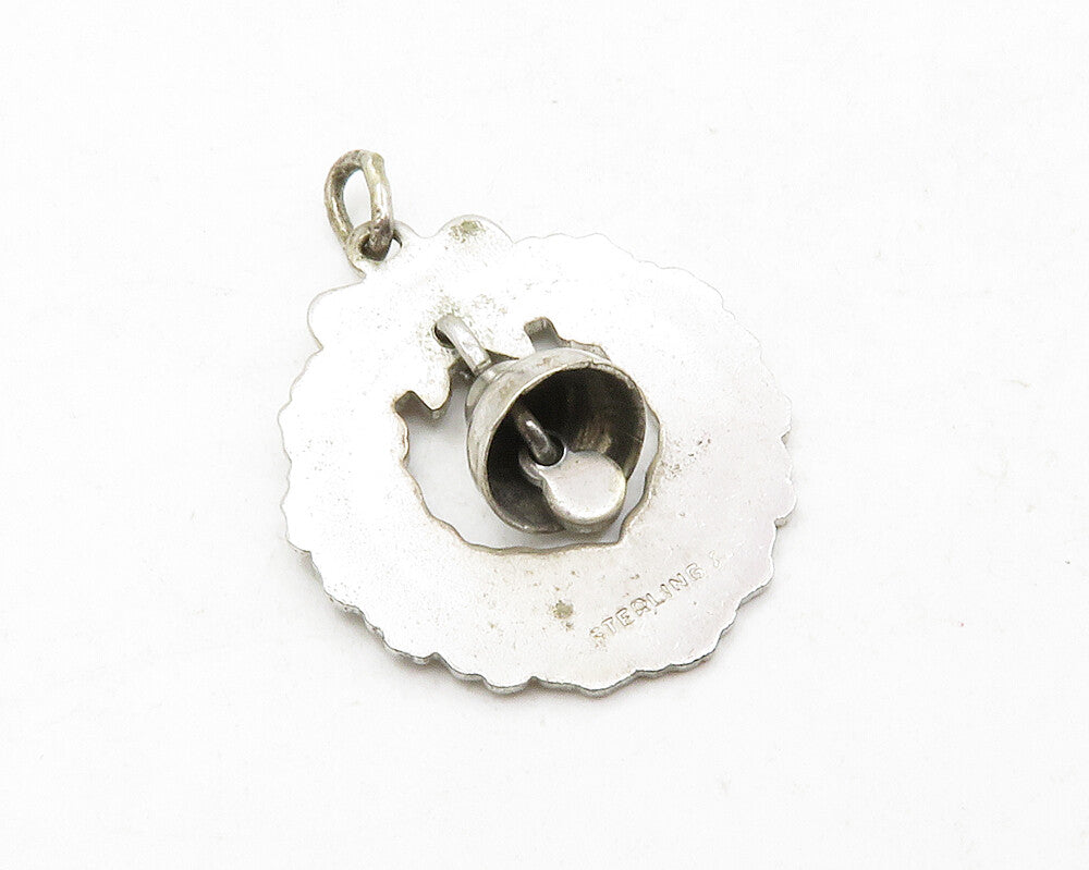 925 Sterling Silver  Vintage Enamel Christmas Wreath & Bell Pendant  PT9939