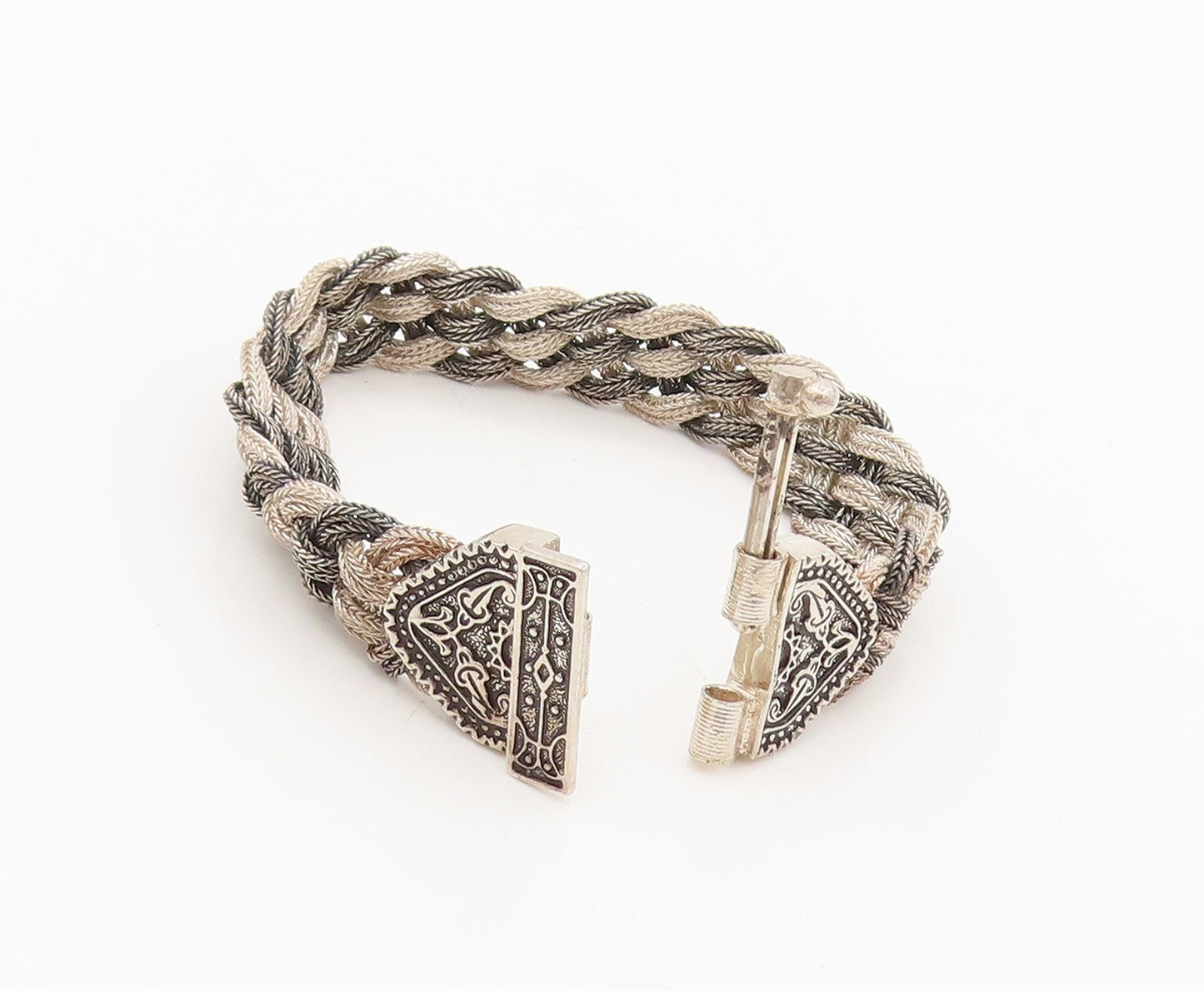 925 Sterling Silver Vintage Two Tone Beaded Wire Carved Buckle Bracelet BT9975