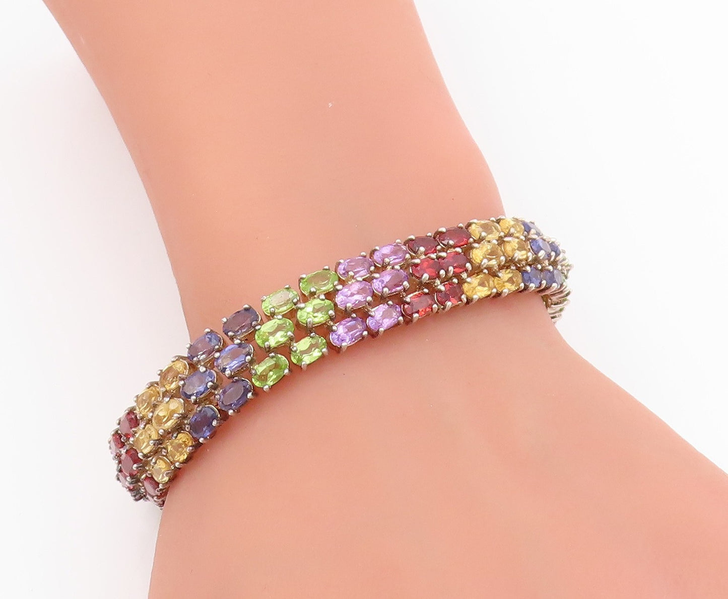 925 Sterling Silver Vintage Bracelet Oval Cut Multi Gemstone Triple Row  BT11689