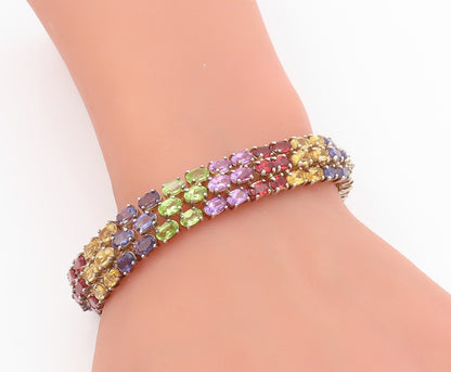 925 Sterling Silver Vintage Bracelet Oval Cut Multi Gemstone Triple Row  BT11689