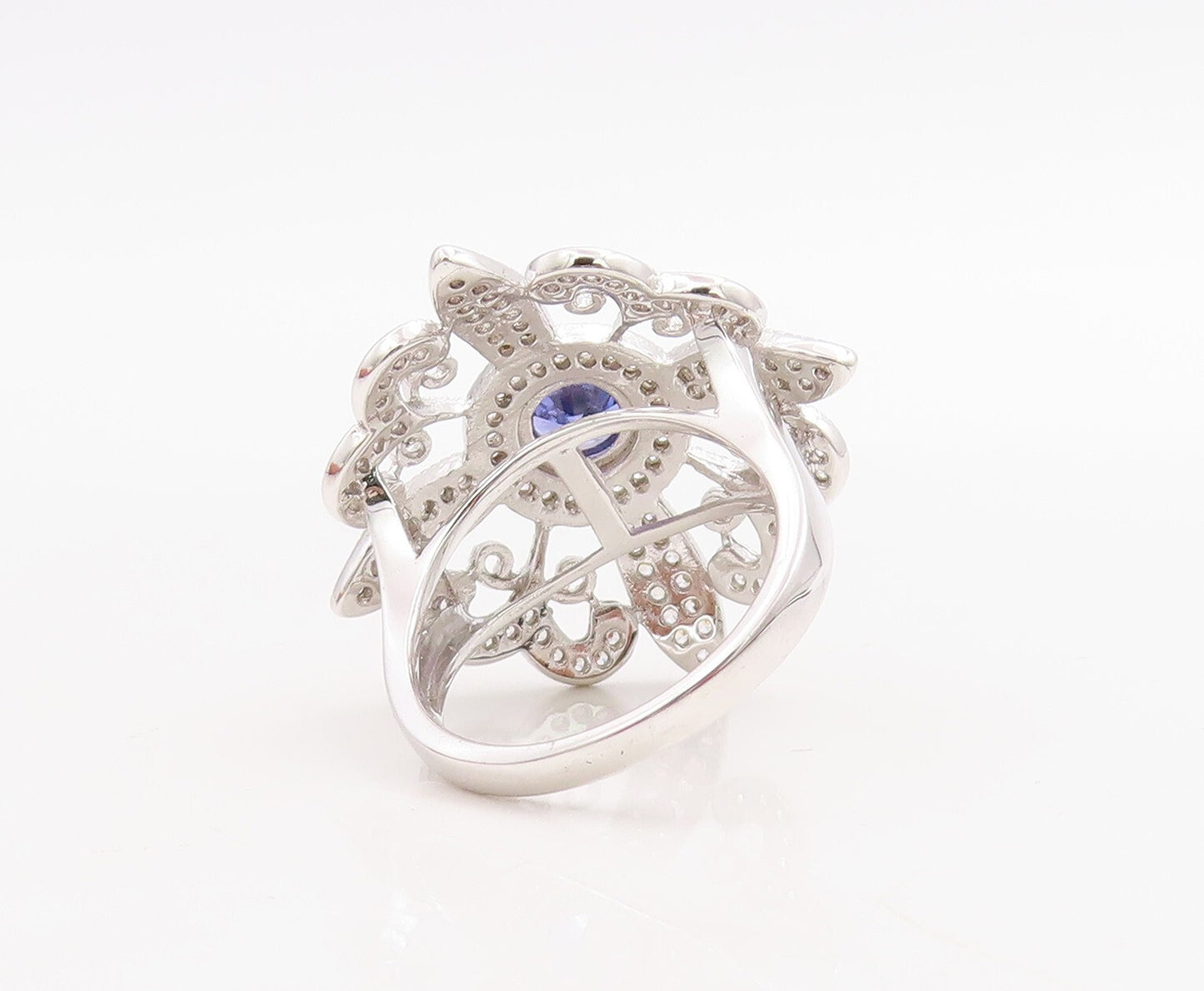 925 Sterling Silver Vintage Ring Flower Cutout Sapphire & CZ Inlay  Sz 7 RG30749