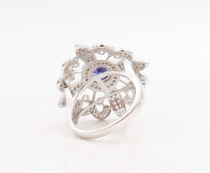 925 Sterling Silver Vintage Ring Flower Cutout Sapphire & CZ Inlay  Sz 7 RG30749