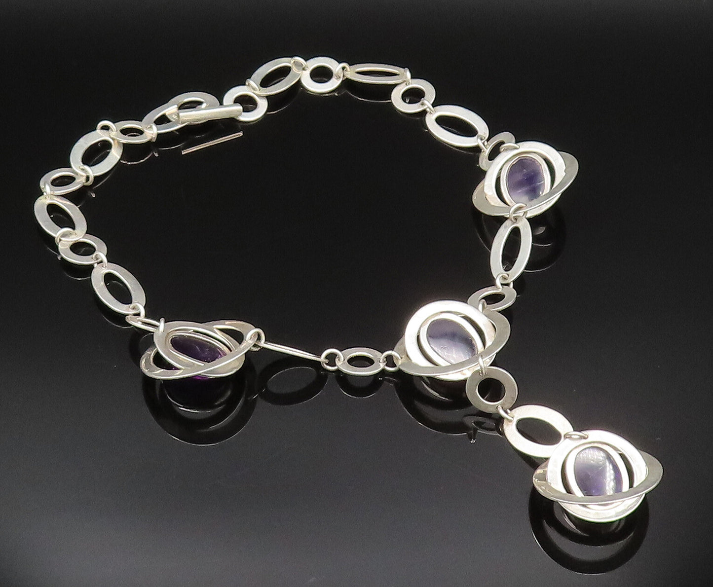 925 Silver  Vintage Hammered & Shiny Open Circle Amethyst Necklace  NE3899