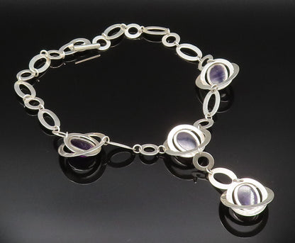 925 Silver  Vintage Hammered & Shiny Open Circle Amethyst Necklace  NE3899