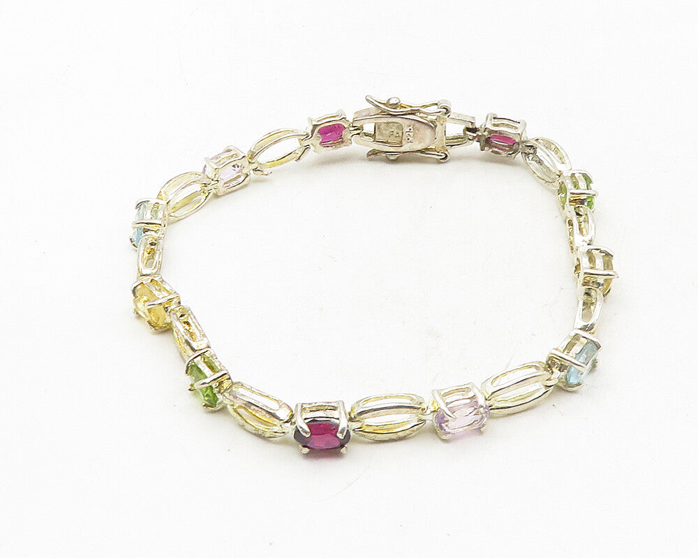 925 Sterling Silver  Shiny Amethyst Topaz & Peridot Chain Bracelet  BT4394