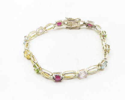 925 Sterling Silver  Shiny Amethyst Topaz & Peridot Chain Bracelet  BT4394