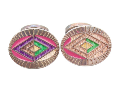 925 Sterling Silver Vintage Cuff Links ENGLAND Dark Tone Enameled Design  TR3855