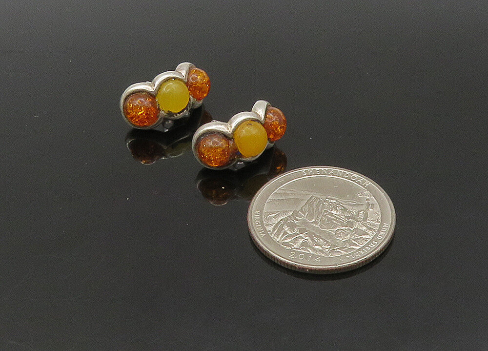925 Sterling Silver  Vintage Cabochon Cut Amber Curve Drop Earrings  EG11194