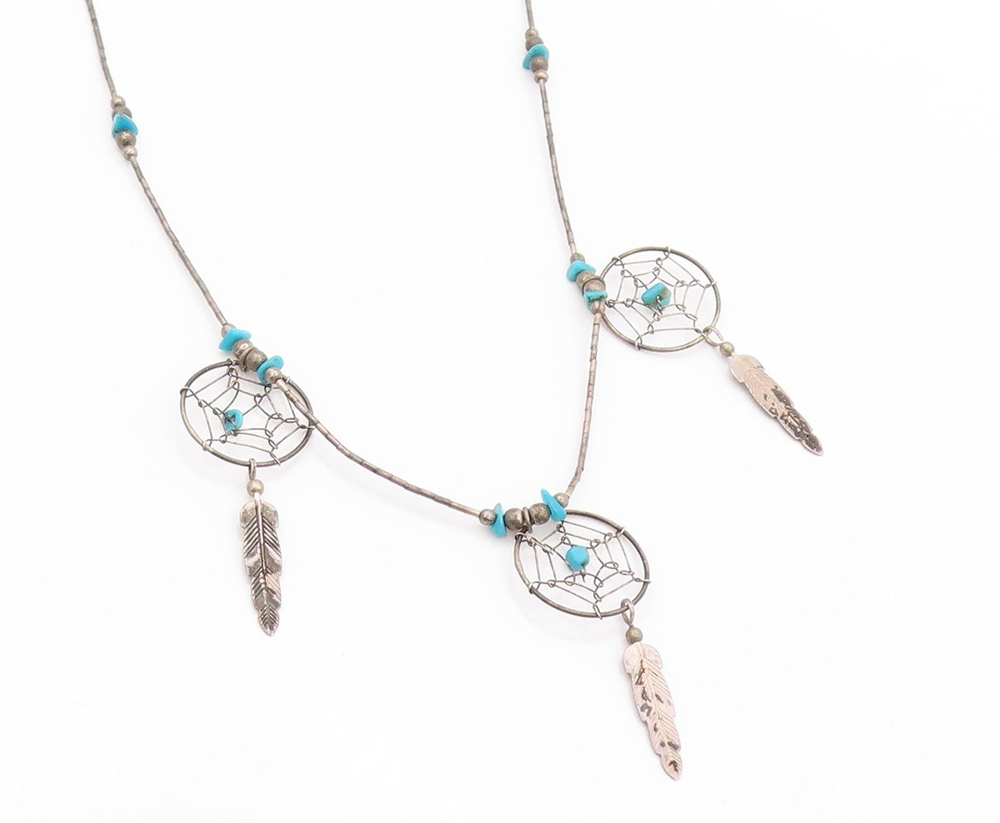 925 Sterling Silver Vintage Necklace Antique Turquoise Dream Catchers  NE4558