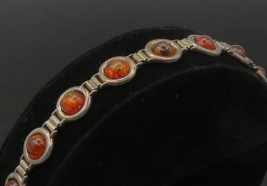 ZW POLAND 925 Silver  Vintage Cabochon Cut Amber Chain Bracelet  BT8503