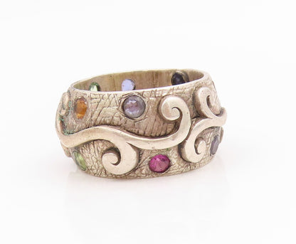 925 Sterling Silver Vintage Ring Multi Gemstone Swirly Scroll Band Sz 7 RG35728