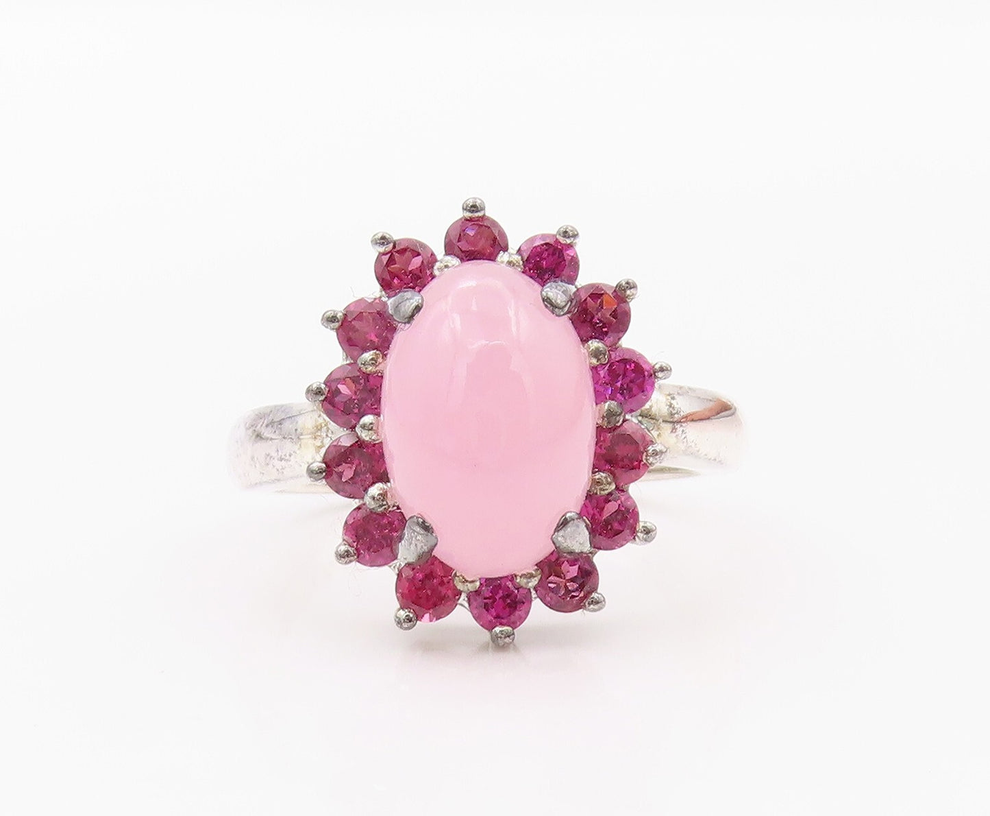 925 Sterling Silver Vintage Ring Cabochon Gemstone Halo Pink CZ  SZ 8  RG32034