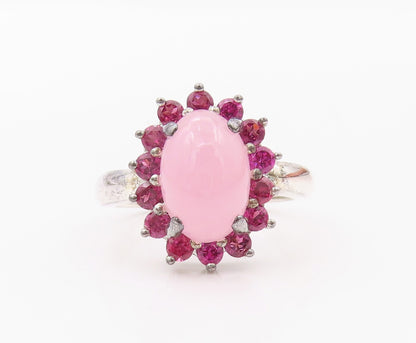 925 Sterling Silver Vintage Ring Cabochon Gemstone Halo Pink CZ  SZ 8  RG32034