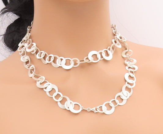 925 Sterling Silver Vintage Necklace Chunky Etched Geometric Circle Link  NE4744