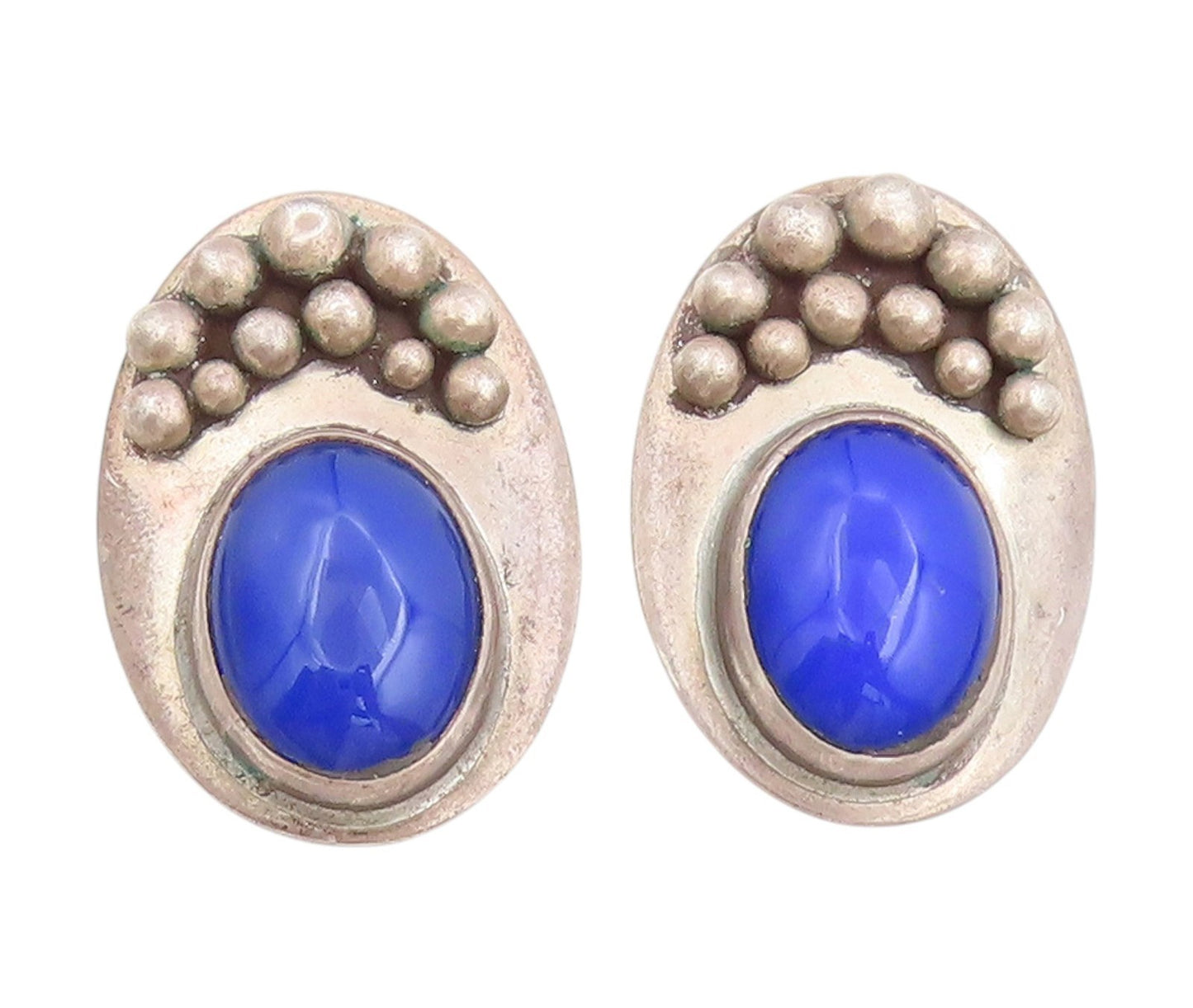 925 Sterling Silver Vintage Earrings Oval Cabochon Lapis Lazuli Clips  EG13748