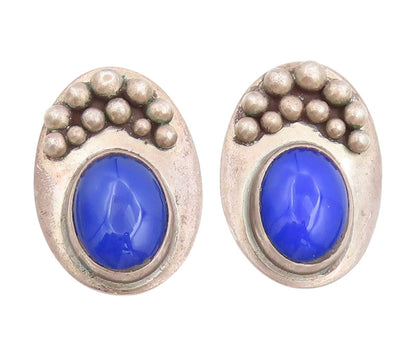 925 Sterling Silver Vintage Earrings Oval Cabochon Lapis Lazuli Clips  EG13748