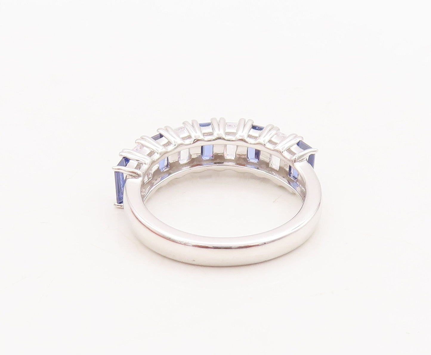 925 Sterling Silver Vintage Ring Emerald Cut Blue & White CZ Band  Sz 7  RG29548