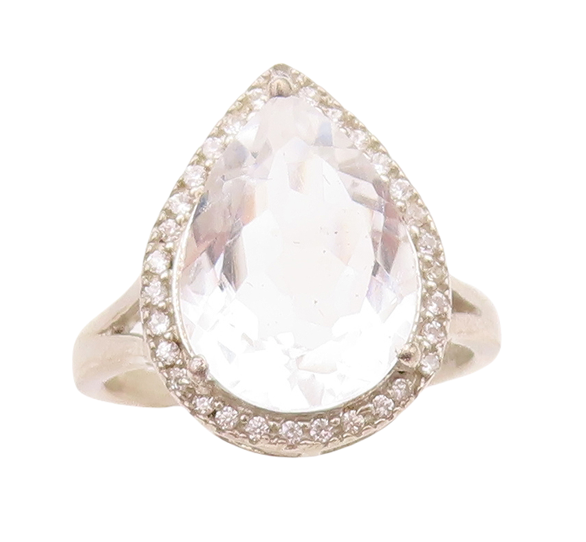 925 Sterling Silver Vintage Ring Drop Cut Halo Round Cut Topaz  Sz 7  RG30396
