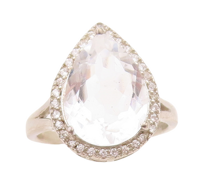 925 Sterling Silver Vintage Ring Drop Cut Halo Round Cut Topaz  Sz 7  RG30396