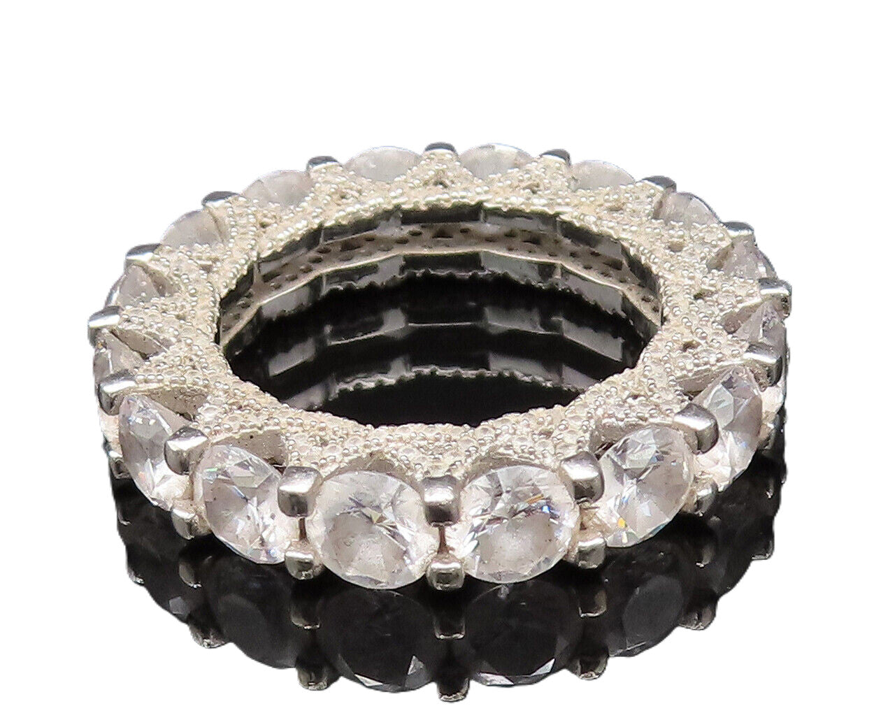 925 Silver  Vintage Star Detail & Cubic Zirconia Eternity Ring Sz 7.5  RG26097