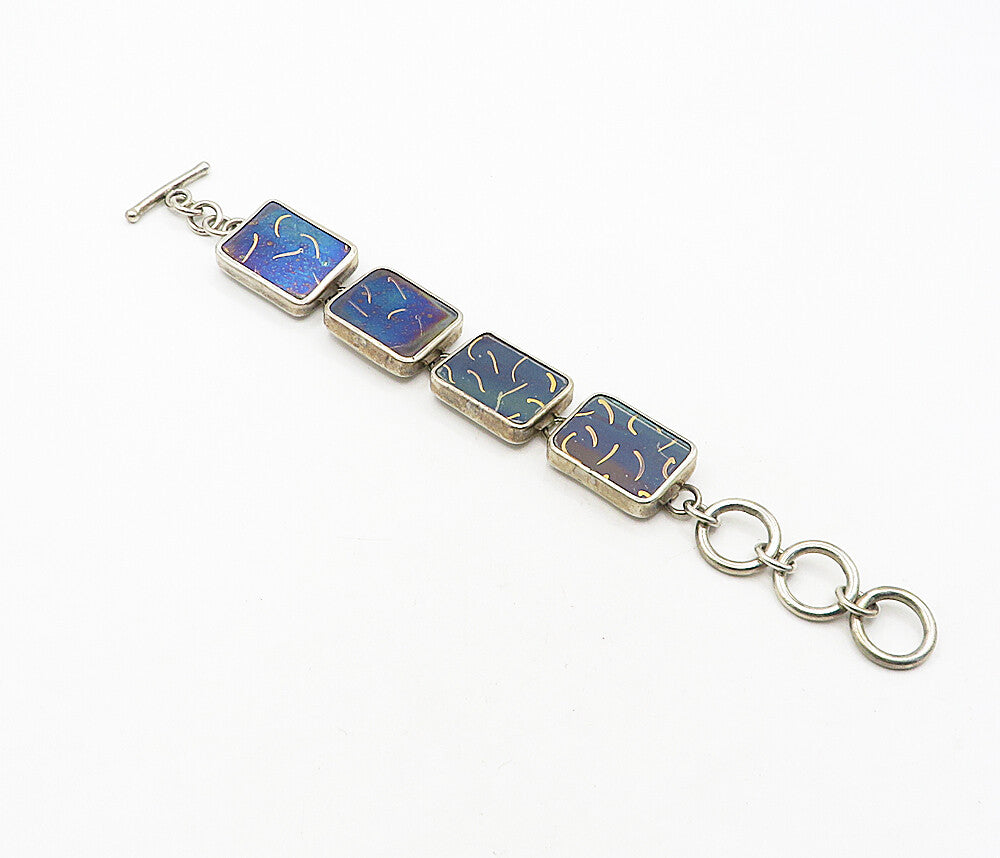 925 Sterling Silver  Vintage Enamel Art Square Link Chain Bracelet  BT1660