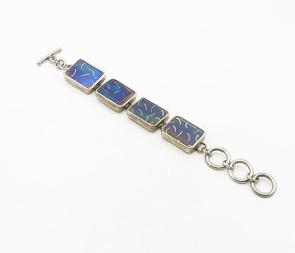 925 Sterling Silver  Vintage Enamel Art Square Link Chain Bracelet  BT1660