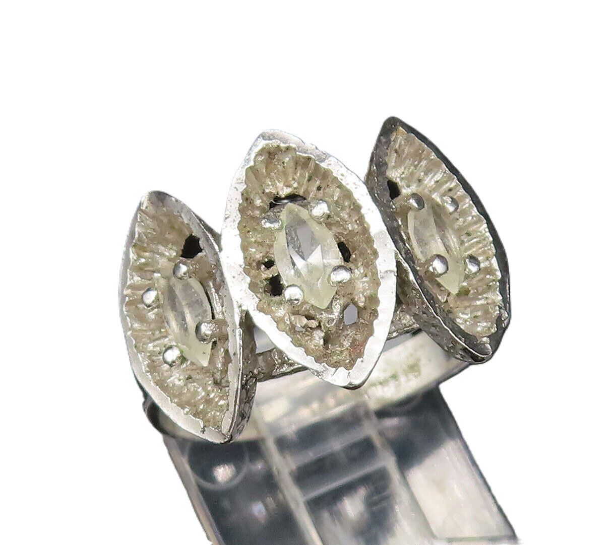 925 Silver  Vintage Three Stone Marquise Shaped Topaz Ring Sz 8.25  RG26103