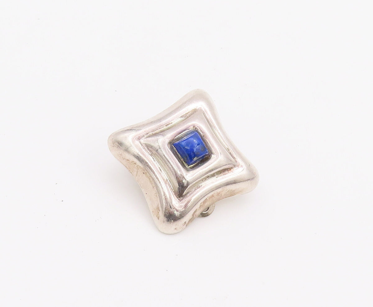 925 Sterling Silver Earrings MEXICO Brutalist Square Carved Lapis Lazuli EG12839