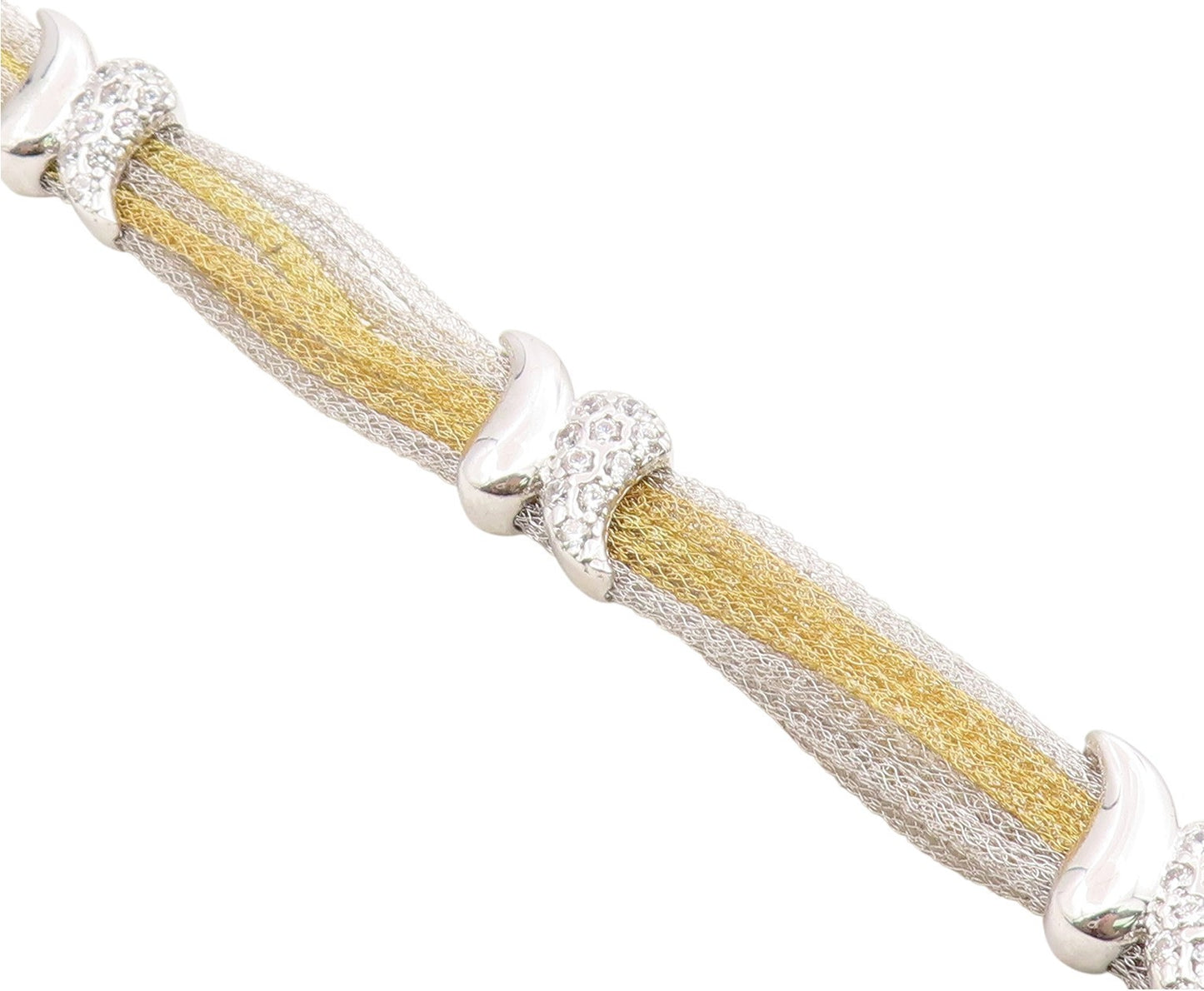 925 Sterling Silver Vintage Bracelet Elegant CZ Two Tone Mesh Chain  BT11980
