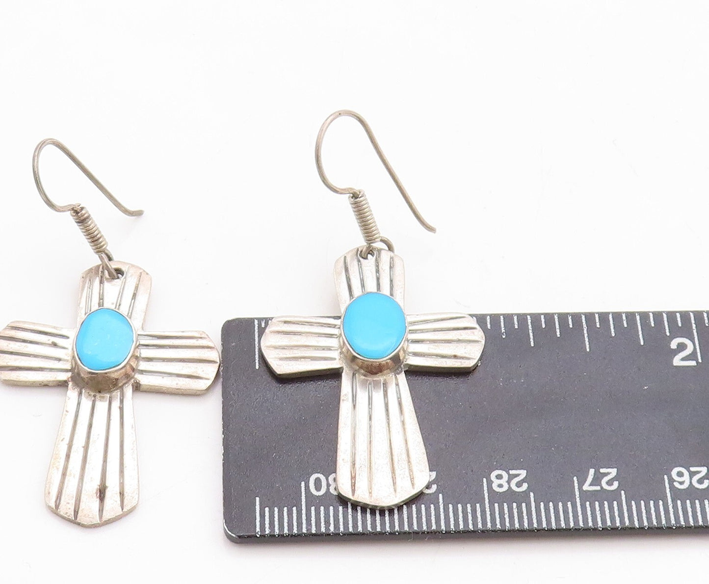 925 Sterling Silver Vintage Earrings MEXICO Larimar Grooved Cross  EG13280
