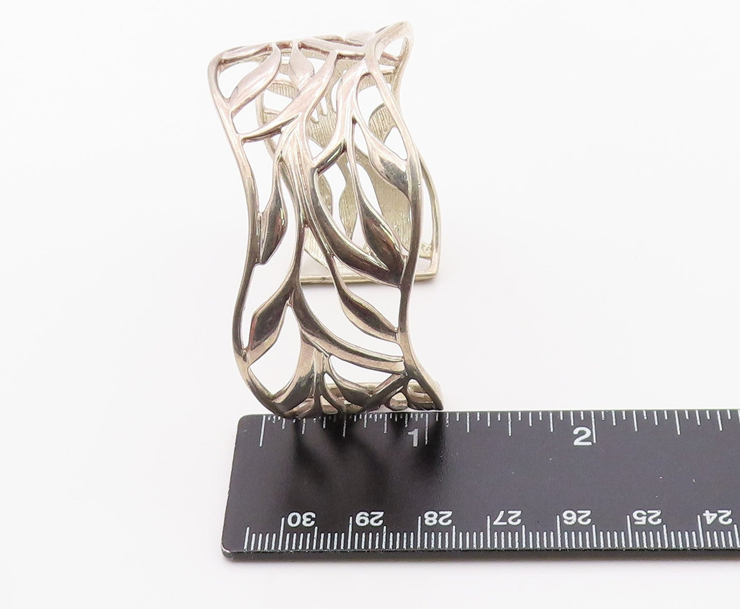 925 Sterling Silver Vintage Bracelet Modernist Wavy Leaf Cutout Cuff  BT12133