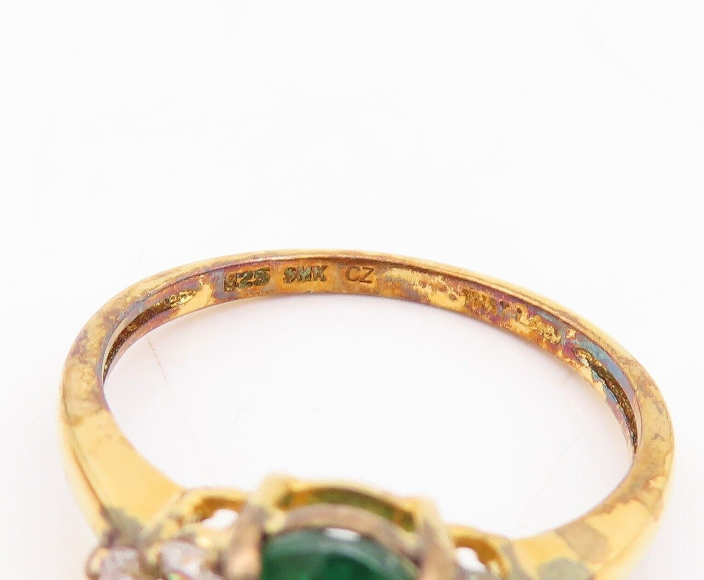 925 Sterling Silver Vintage Ring Gold Plated Green & White Topaz  Sz 7  RG29477
