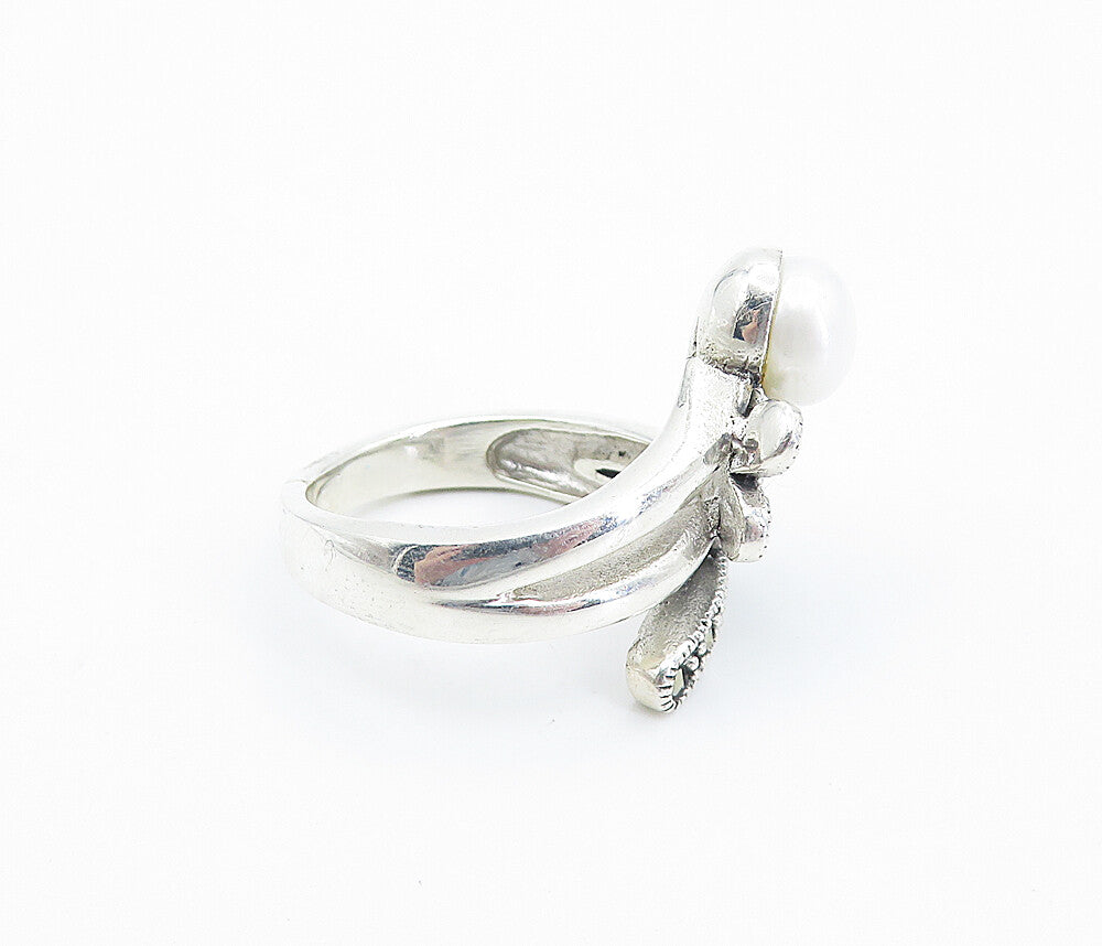 925 Sterling Silver  Pearl & Marcasite Butterfly Bypass Band Ring Sz 8  RG8252