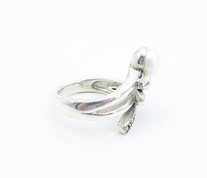 925 Sterling Silver  Pearl & Marcasite Butterfly Bypass Band Ring Sz 8  RG8252