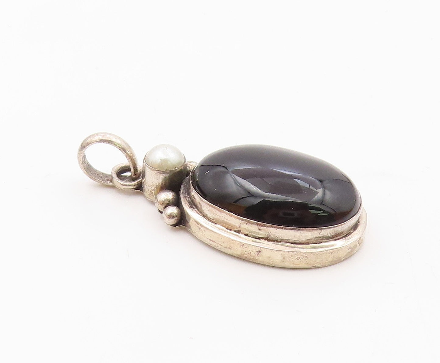 925 Sterling Silver  Vintage Black Onyx & Petite Pearl Drop Pendant  PT14279