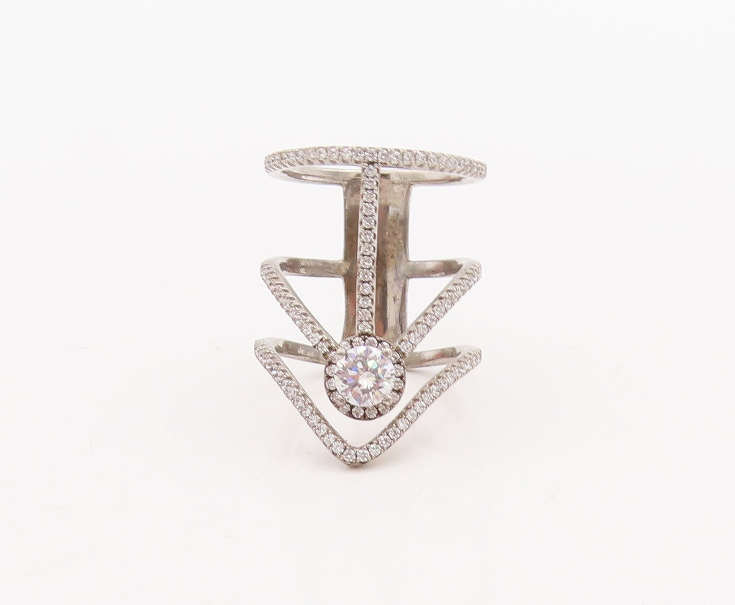 925 Sterling Silver Vintage Ring Cutout Large Designer CZ Inlay  Sz 5.5  RG28760