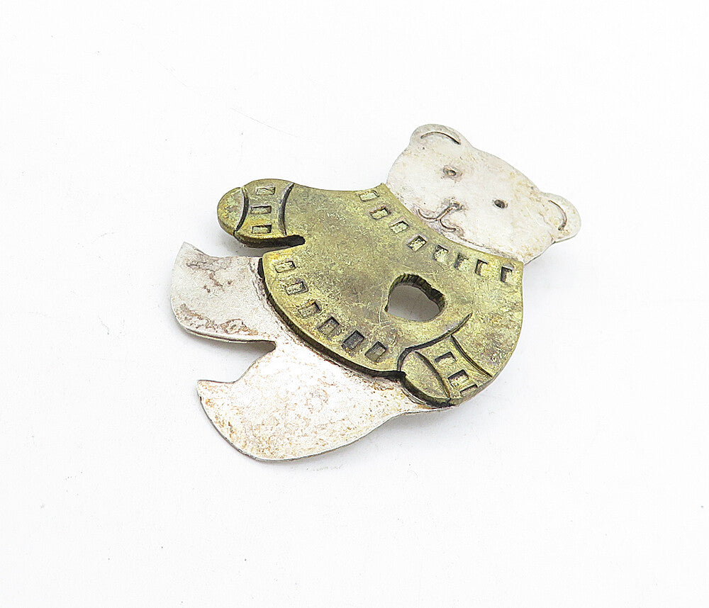 MEXICO 925 Sterling Silver  Vintage Two Tone Teddy Bear Brooch Pin  BP1897