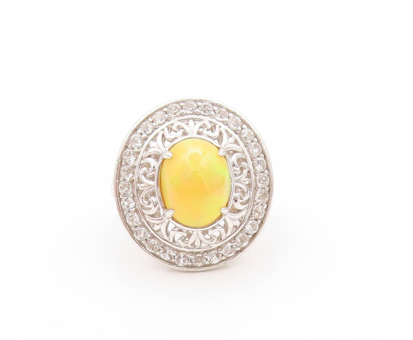 925 Sterling Silver Vintage Ring Oval Fire Opal Halo Topaz Bands  Sz 5  RG32724