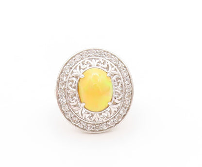 925 Sterling Silver Vintage Ring Oval Fire Opal Halo Topaz Bands  Sz 5  RG32724
