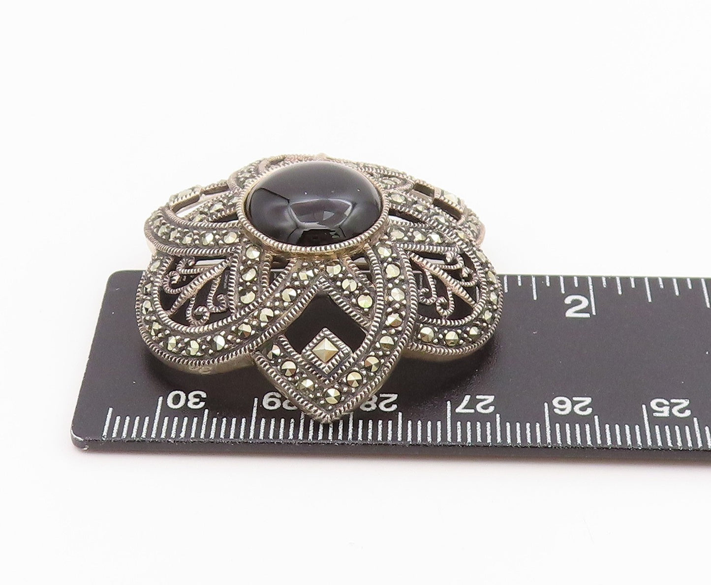 925 Sterling Silver Vintage Brooch Pin JUDITH JACK Onyx Floral Petal  BP12178