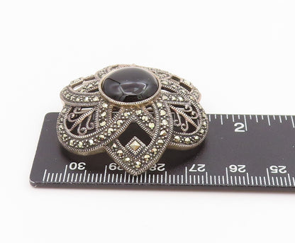 925 Sterling Silver Vintage Brooch Pin JUDITH JACK Onyx Floral Petal  BP12178