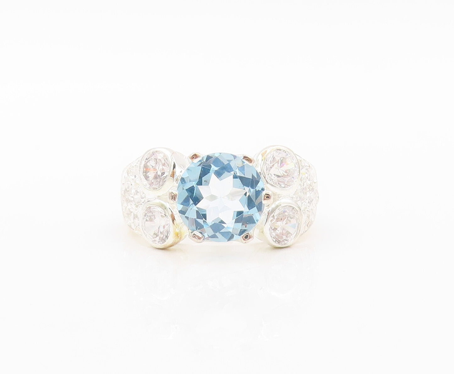 925 Sterling Silver Vintage Ring Designer Cutout Blue & White CZ  Sz 7  RG31032